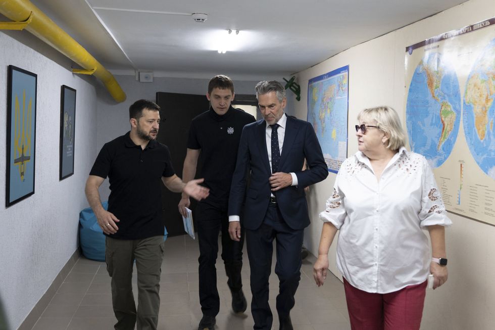 ​Ukrainian President Volodymyr Zelenskyy and Dutch Prime Minister Dick Schoof visit a public school built underground to resist the bombings on September 2, 2024 in Zaporizhzhia, Ukraine.