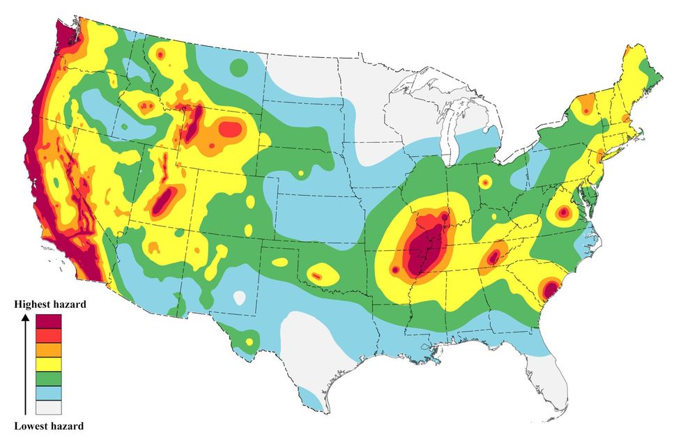 Earthquake risk map of the U.S.