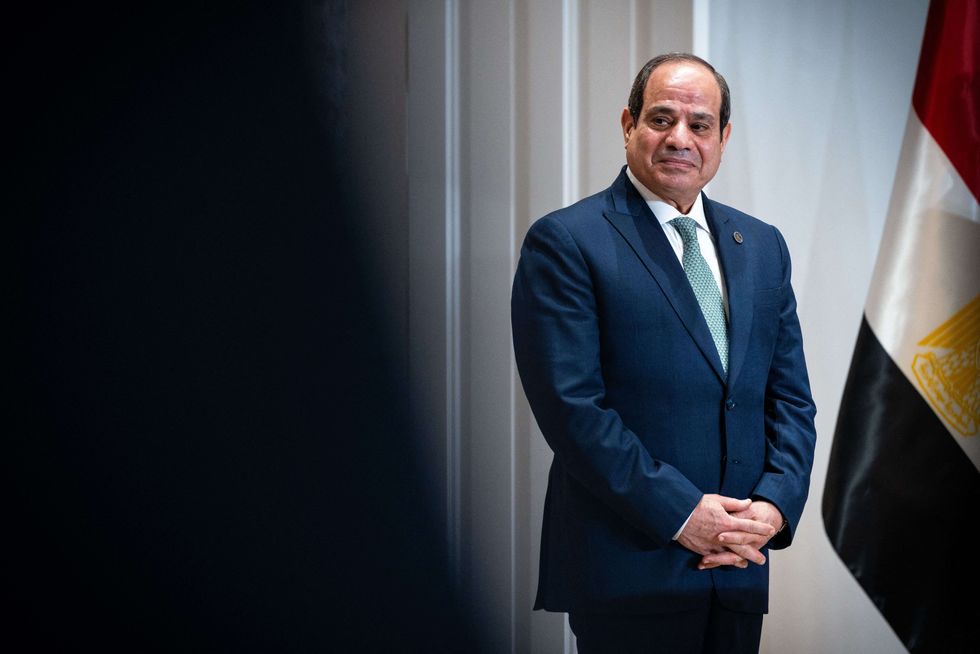 Egypt's President Abdel Fattah El-Sisi and Egyptian flag in Moncloa Palace in Madrid, Spain on February 19, 2025