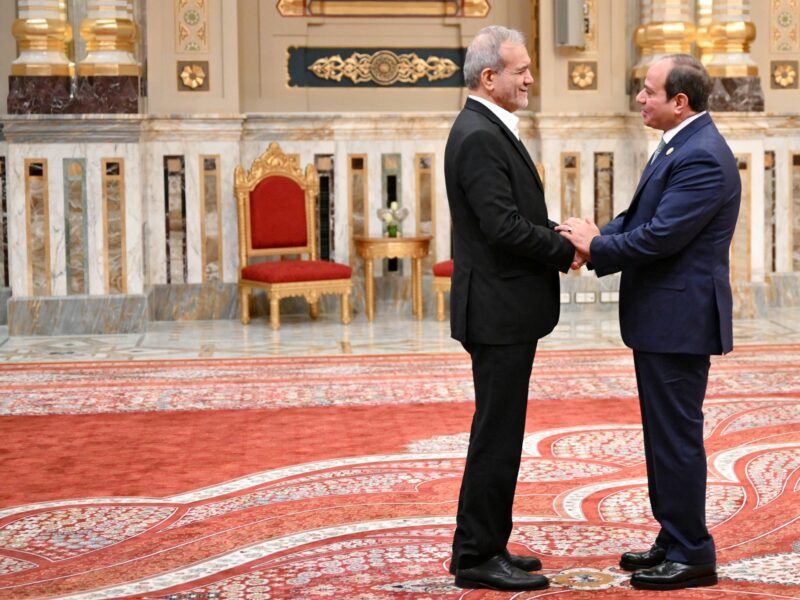 Egypt's President Abdel Fattah El-Sisi welcomes Iran's President Masoud Pezeshkian during the D-8 summit in Cairo​, Egypt on December 19, 2024