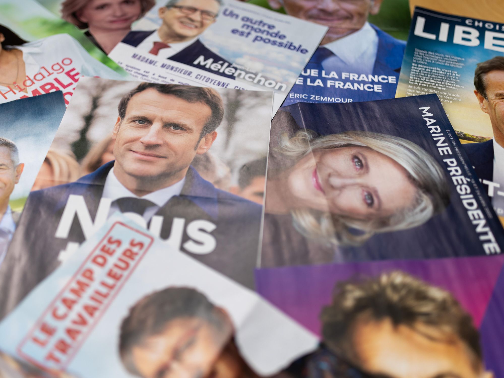 Election documents of French presidential candidates such as Emmanuel Macron and Marine Le Pen.