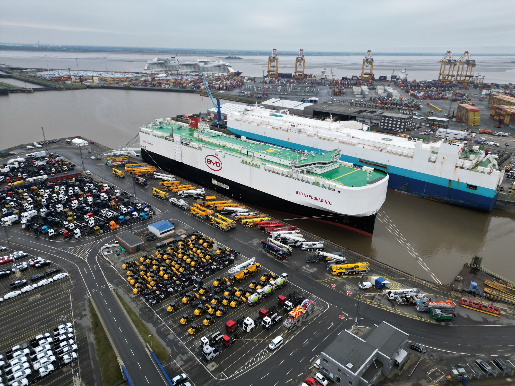 Electric vehicles loaded onto a Chinese car carrier docked in the German port of Bremerhaven.