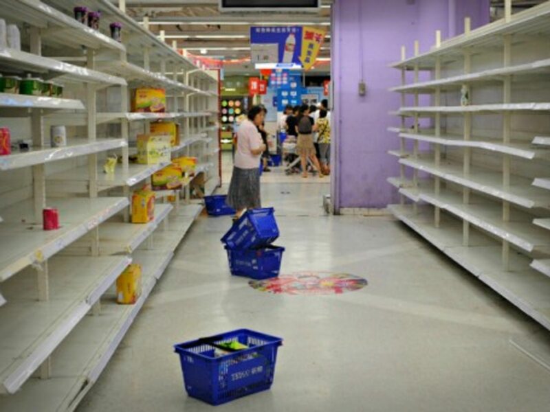 Empty shelves in a Tesco store in Changning, China