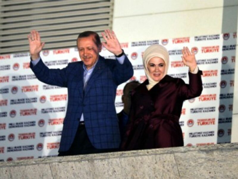 Erdogan and his wife during the celebration of his presidential victory, on Aug. 10.