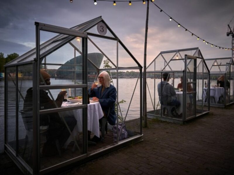 Eten Restaurant, part of the Mediamatic Biotoop centre in Amsterdam, has tested greenhouse-like booths for customers to eat in.