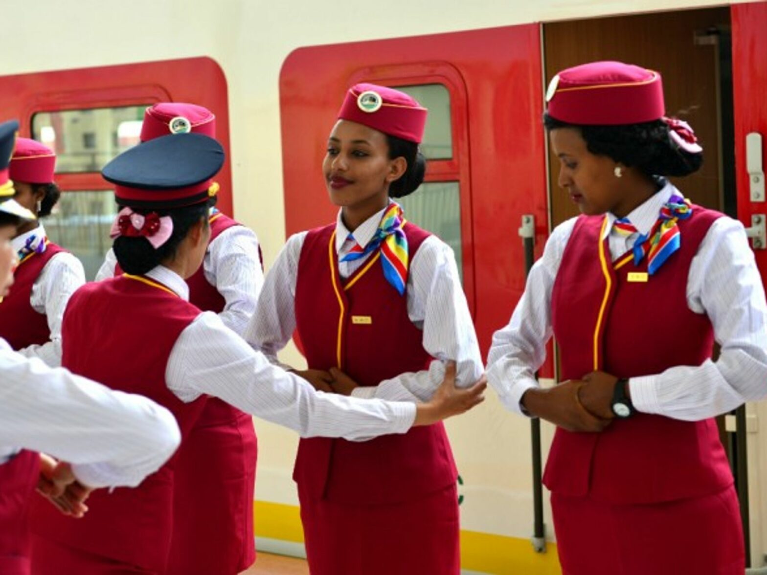 Ethiopian attendants receiving training at a railway station in Addis Ababa