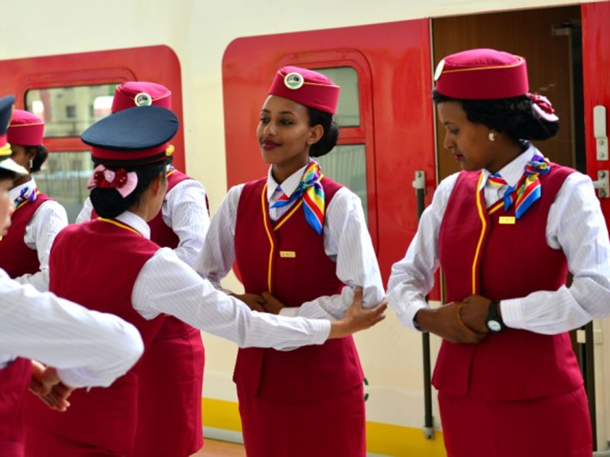 Ethiopian attendants receiving training at a railway station in Addis Ababa