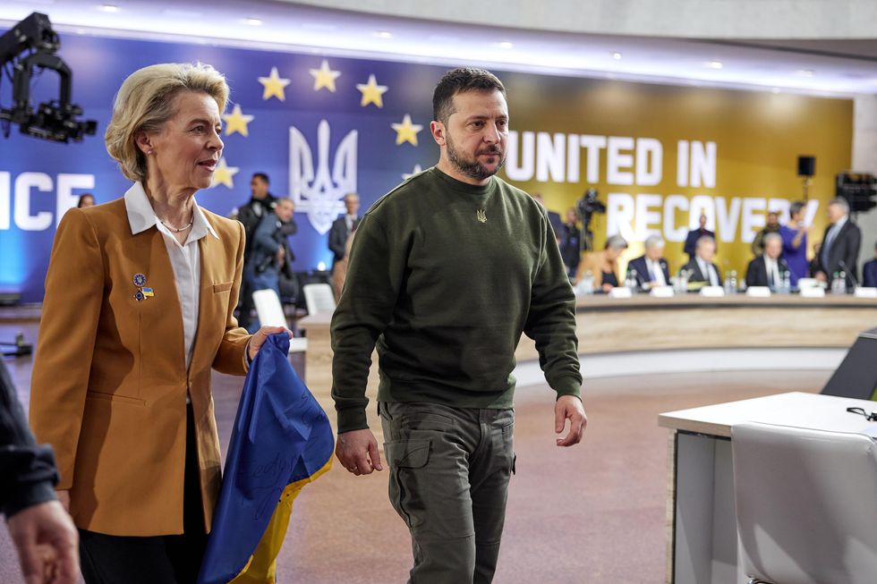 EU Commission President Ursula von der Leyen and Ukrainian leader Volodymyr Zelensky at the first European Commission-Ukraine intergovernmental consultations summit in Kyiv