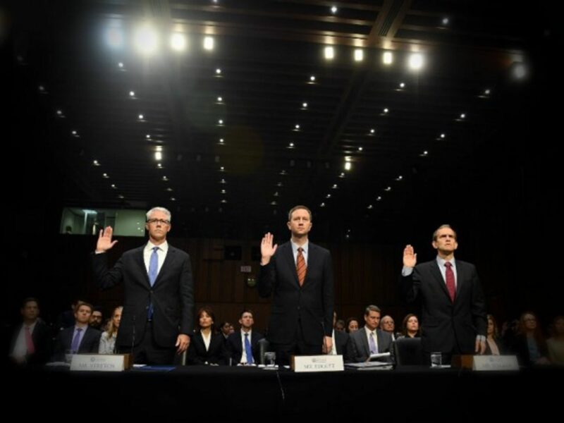 Facebook General Counsel Colin Stretch (left) and his Google and Twitter counterparts testify in D.C.
