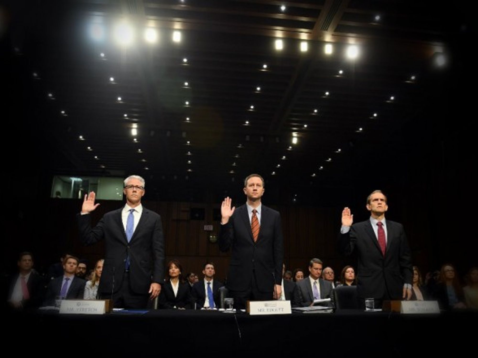 Facebook General Counsel Colin Stretch (left) and his Google and Twitter counterparts testify in D.C.