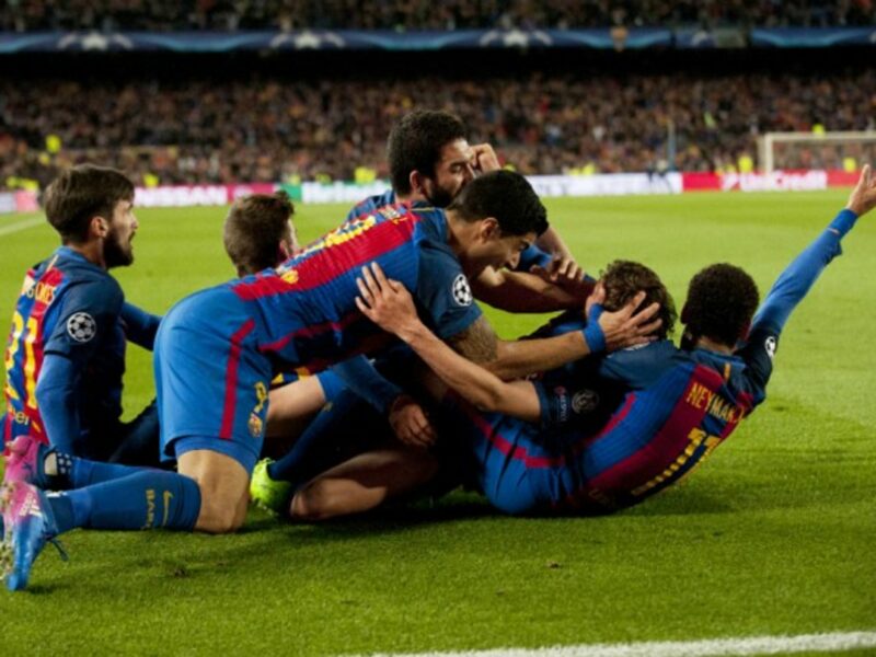 FC Barca players celebrate at Camp Nou on March 8