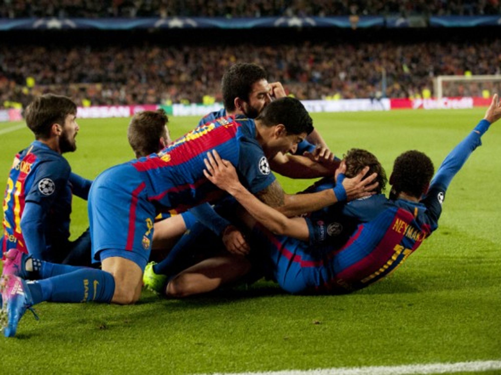 FC Barca players celebrate at Camp Nou on March 8