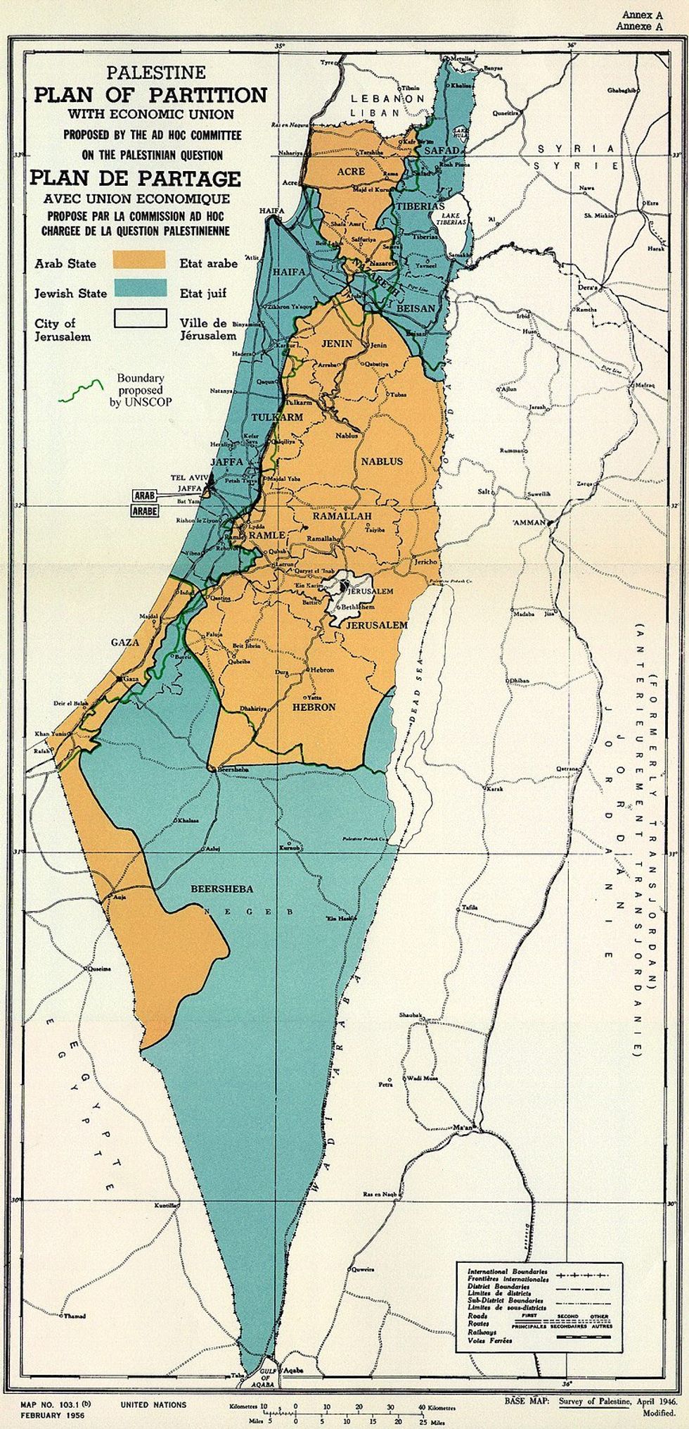 February 1956 map of UN Partition Plan for Palestine, adopted 29 Nov 1947, with boundary of previous UNSCOP partition plan added in green.
