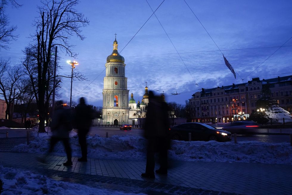 February 2, 2022, Kyiv, Ukraine: People walk past St. Sophia's Cathedral as Kyiv remains calm in the face of an ever growing Russian threat