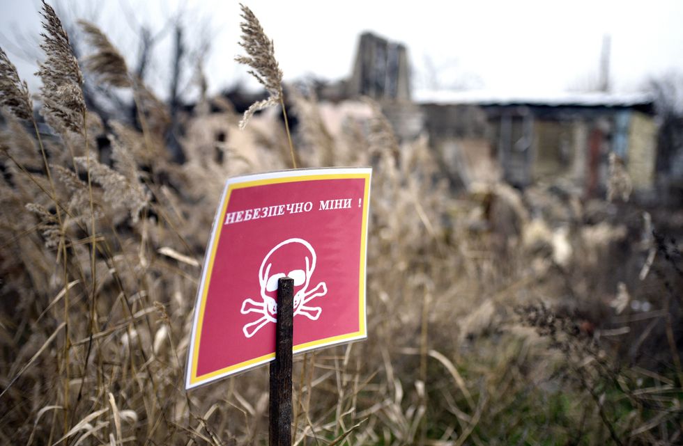 Field of dry grass with a red sign with yellow bordering reading "Danger Mines!" in Russian