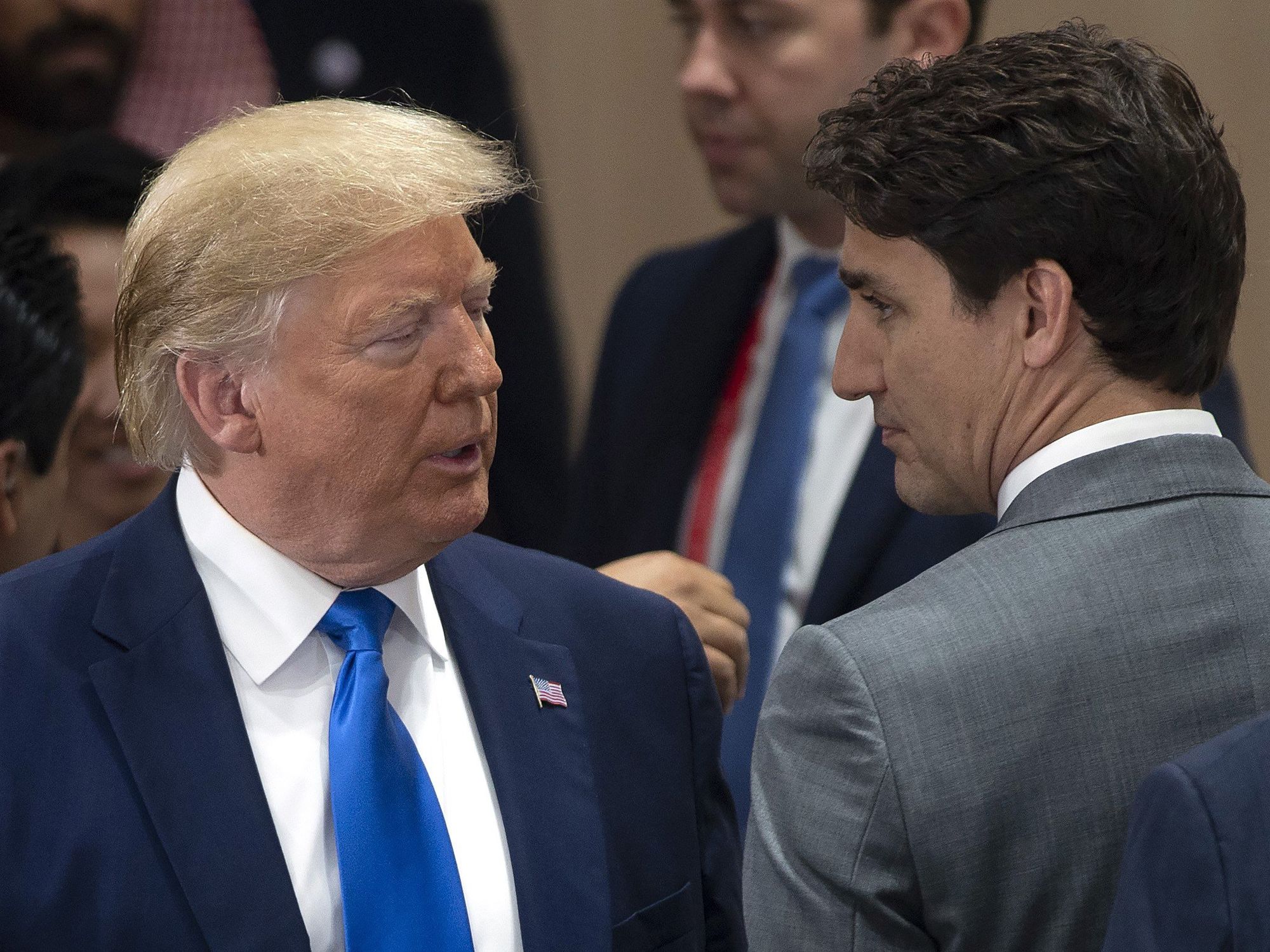 File photo of Donald Trump speaking with Justin Trudeau at the G20 Summit in Osaka, Japan, back in 2019.