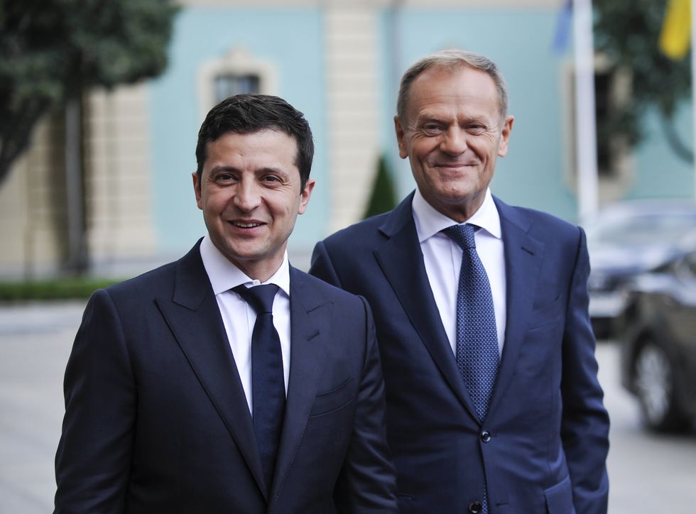 File photo of Ukrainian President Volodymyr Zelensky and then President of the European Council Donald Tusk