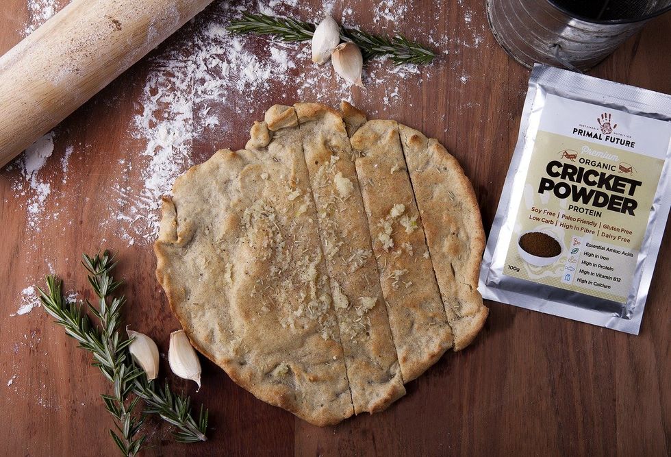 Flatbread made of cricket flour surrounded by herbs, garlic and flour