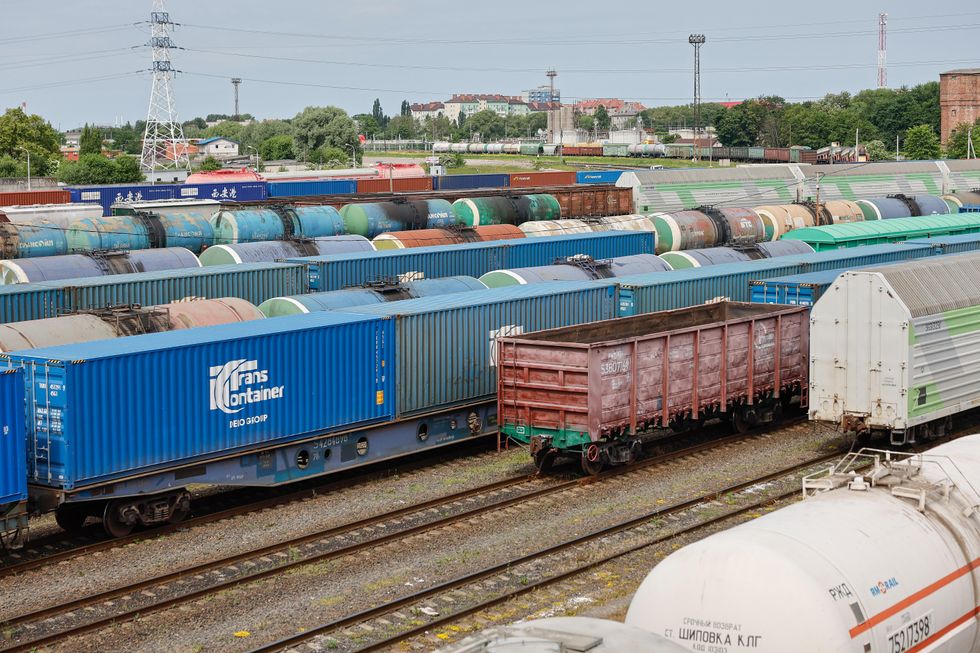 Freight trains stand at Kaliningrad-Sortirovochny station.