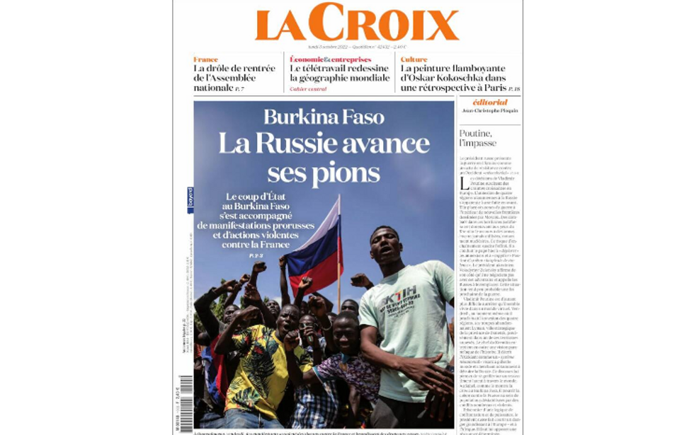 French daily La Croix's Monday front page featuring Russian flags in Burkina Faso