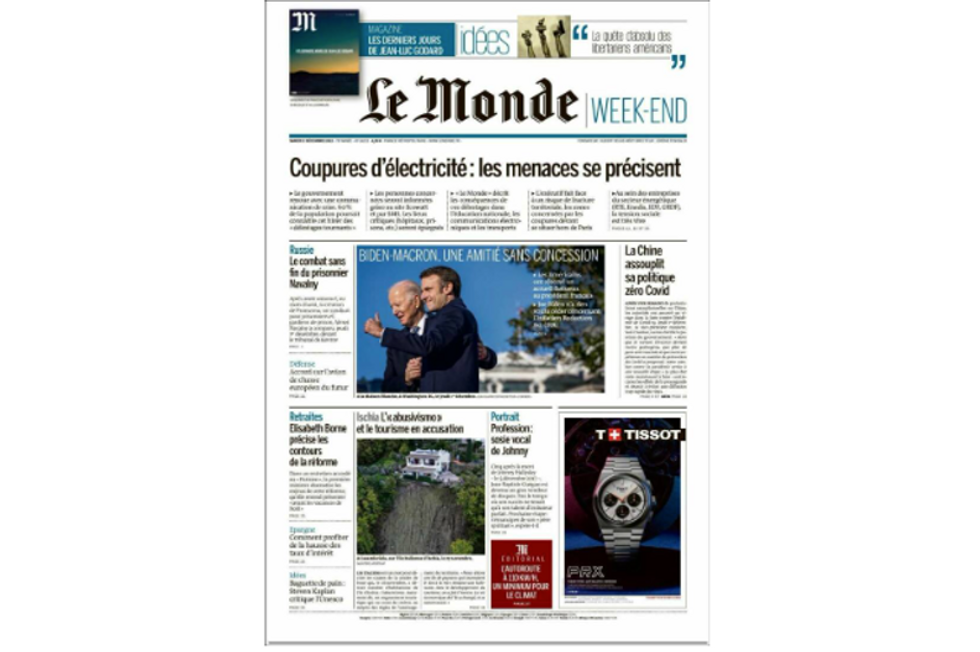 French daily Le Monde’s Dec. 3 front page features Biden and Macron’s “uncompromising friendship”