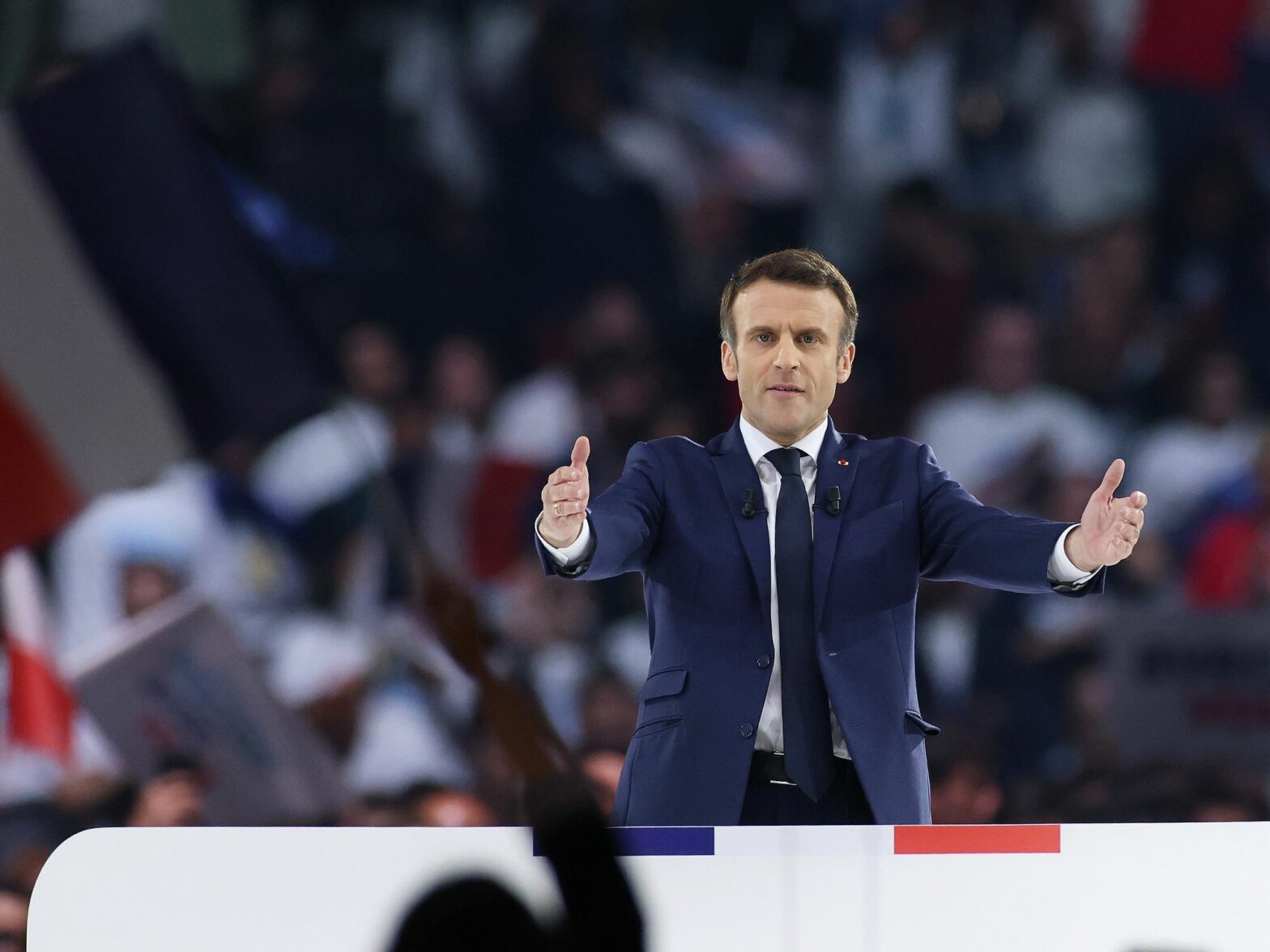 French President Emmanuel Macron addresses his election campaign at the Paris La Defense Arena stadium.​
