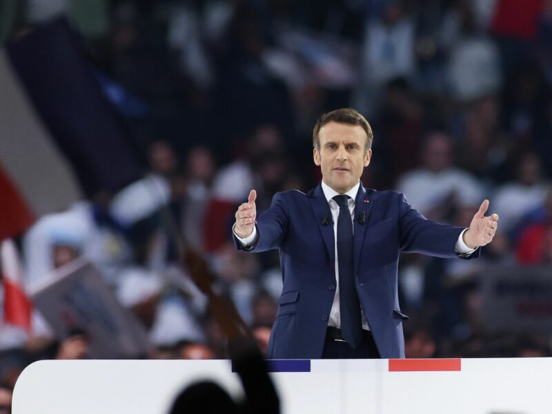 French President Emmanuel Macron addresses his election campaign at the Paris La Defense Arena stadium.​