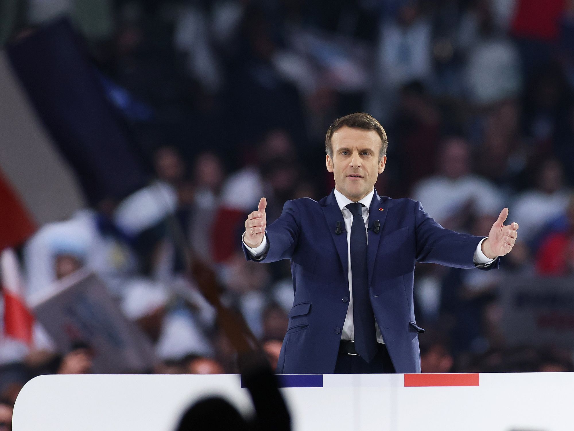 French President Emmanuel Macron addresses his election campaign at the Paris La Defense Arena stadium.​