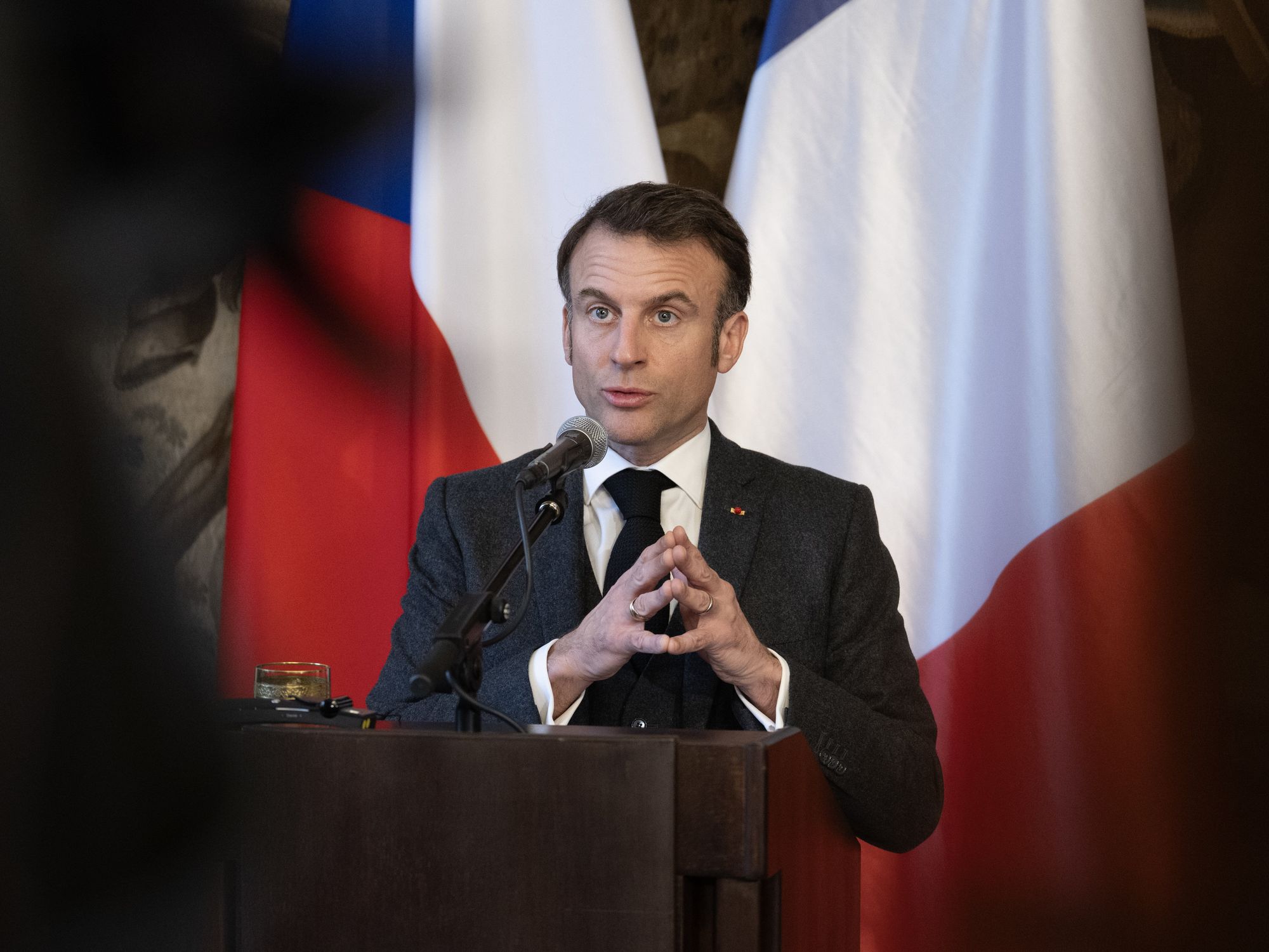 French President Emmanuel Macron at a press conference in Prague in March 2024​.