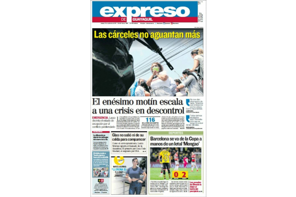 Front page of Ecuadorian daily Expreso on the prison riots that left