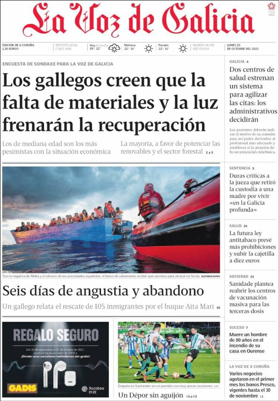 Front page of La Voz de Galicia - Monday 25 October, 2021