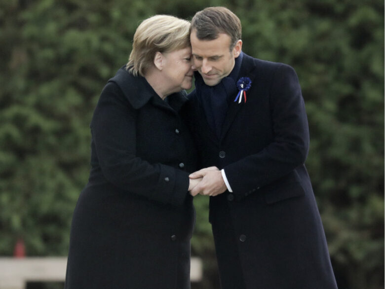 German Chancellor Angela Merkel and French President Emmanuel Macron at the Armistice Centenary ceremony in Paris on November 11, 2018