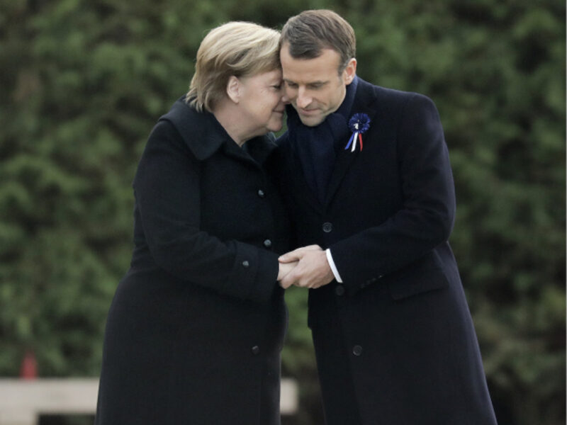 German Chancellor Angela Merkel and French President Emmanuel Macron at the Armistice Centenary ceremony in Paris on November 11, 2018