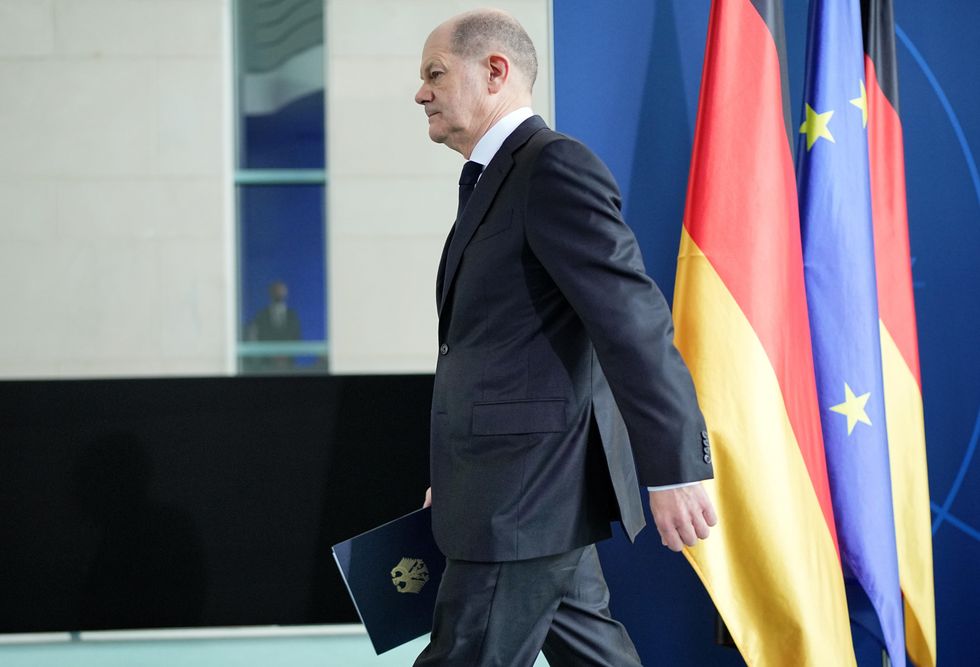 German Chancellor Olaf Scholz at a press conference on the Russian attack on Ukraine