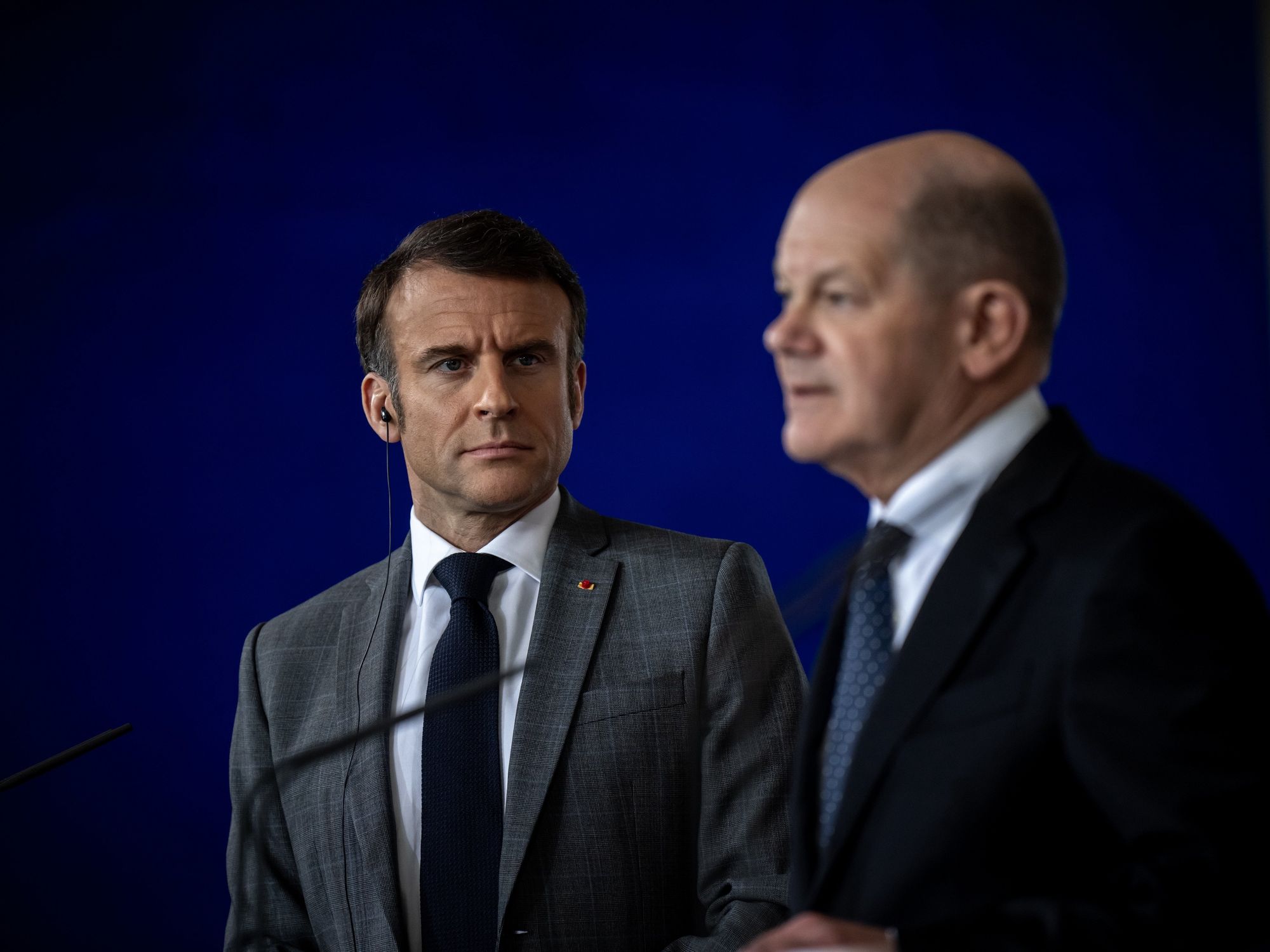 German Chancellor Olaf Scholz (R), next to Emmanuel Macron, President of France, takes part in a press statement after the joint meeting​, in March 2024 in Berlin.
