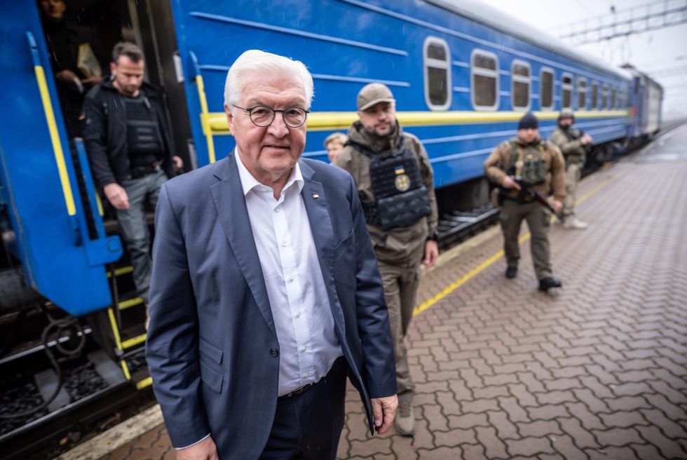 German President Frank-Walter Steinmeier stands at the train station in Ukraine