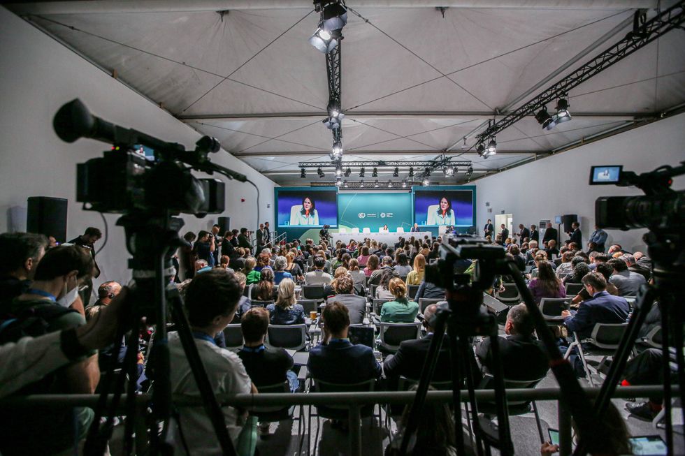 Germany Minister of Foreign Affairs, Annalena Baerbock answers questions at a press conference about the difficulty of reaching a unanimous agreement amongts all the COP29 countries.