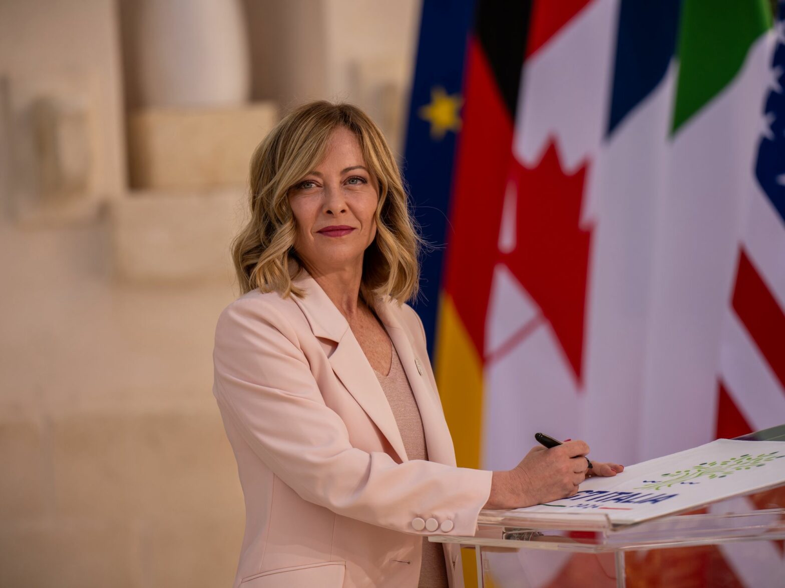 Giorgia Meloni, Prime Minister of Italy, arrives at the G7 summit.