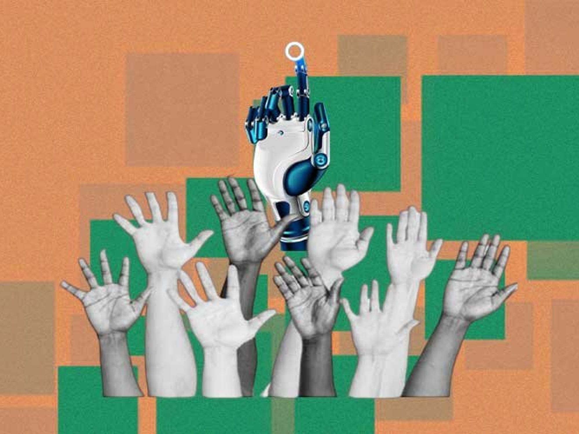 Hands being raised with an Robotic hand in the middle.