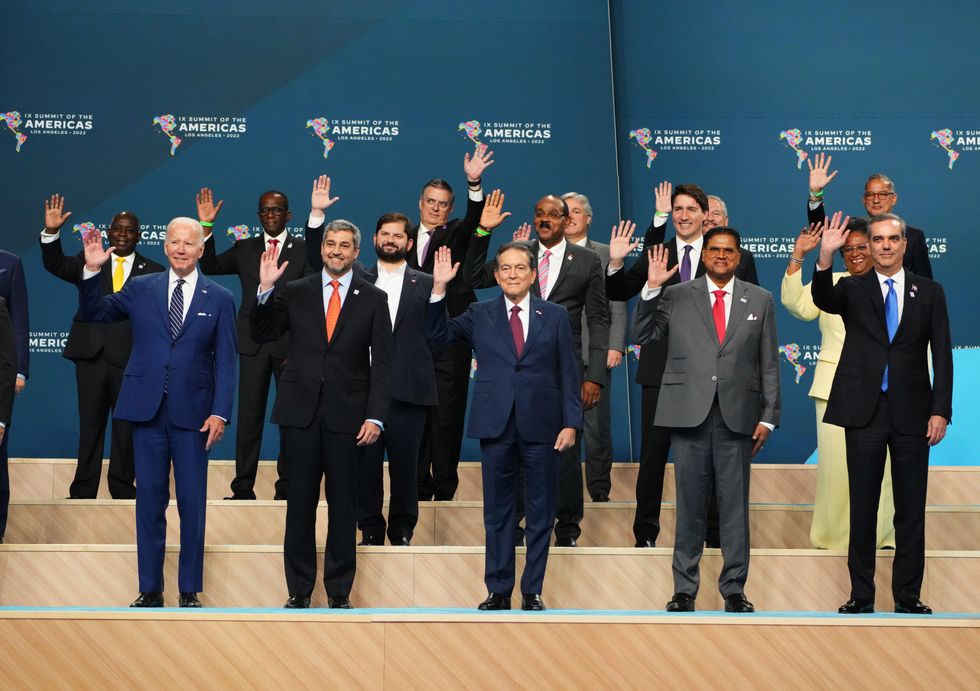 Heads of delegations including Canadian Prime Minister Justin Trudeau, second row second right, pose for a family photo with US President Joe Biden, first row left, at the Summit of the Americas, Friday, June 10, 2022, in Los Angeles