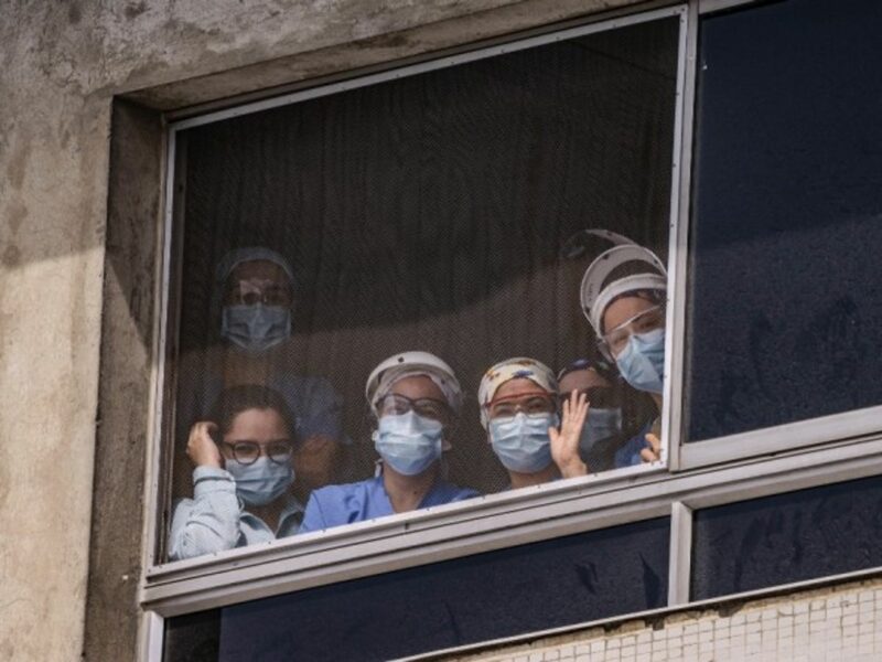 Health service workers wearing face masks in Colombia.