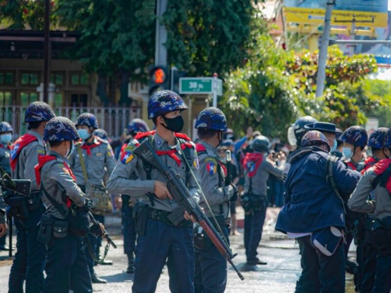 Heavily armed police Tuesday in Mandalay, Myanmar.