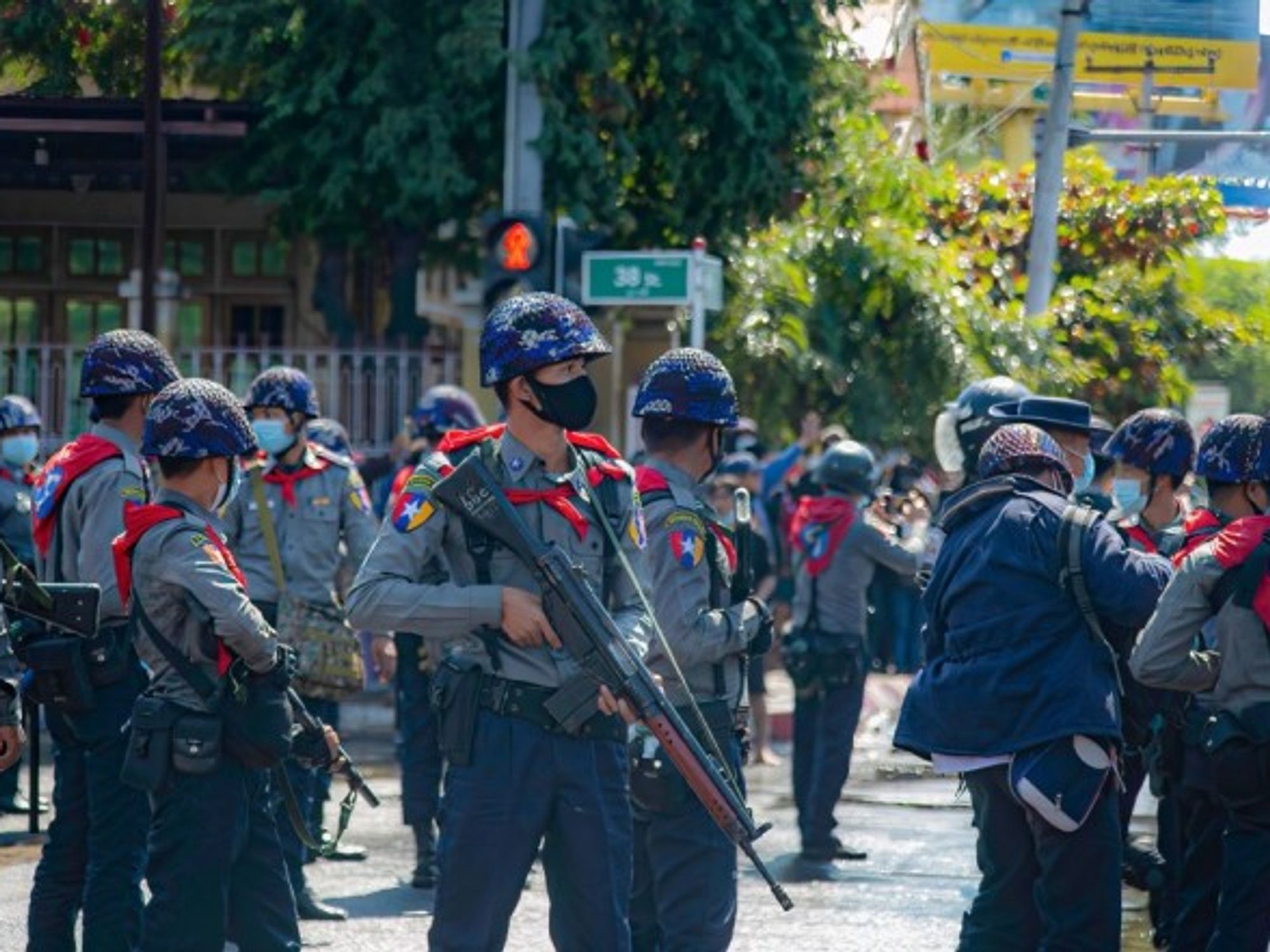 Heavily armed police Tuesday in Mandalay, Myanmar.