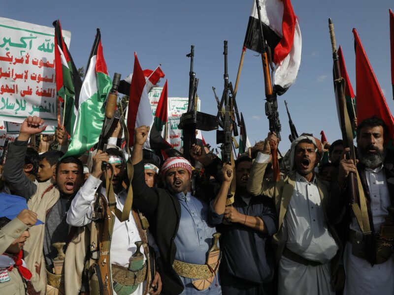 Houthi supporters in Sanaa, Yemen, gather during a rally to show support to Palestinian people in Gaza on October 18, 2023.