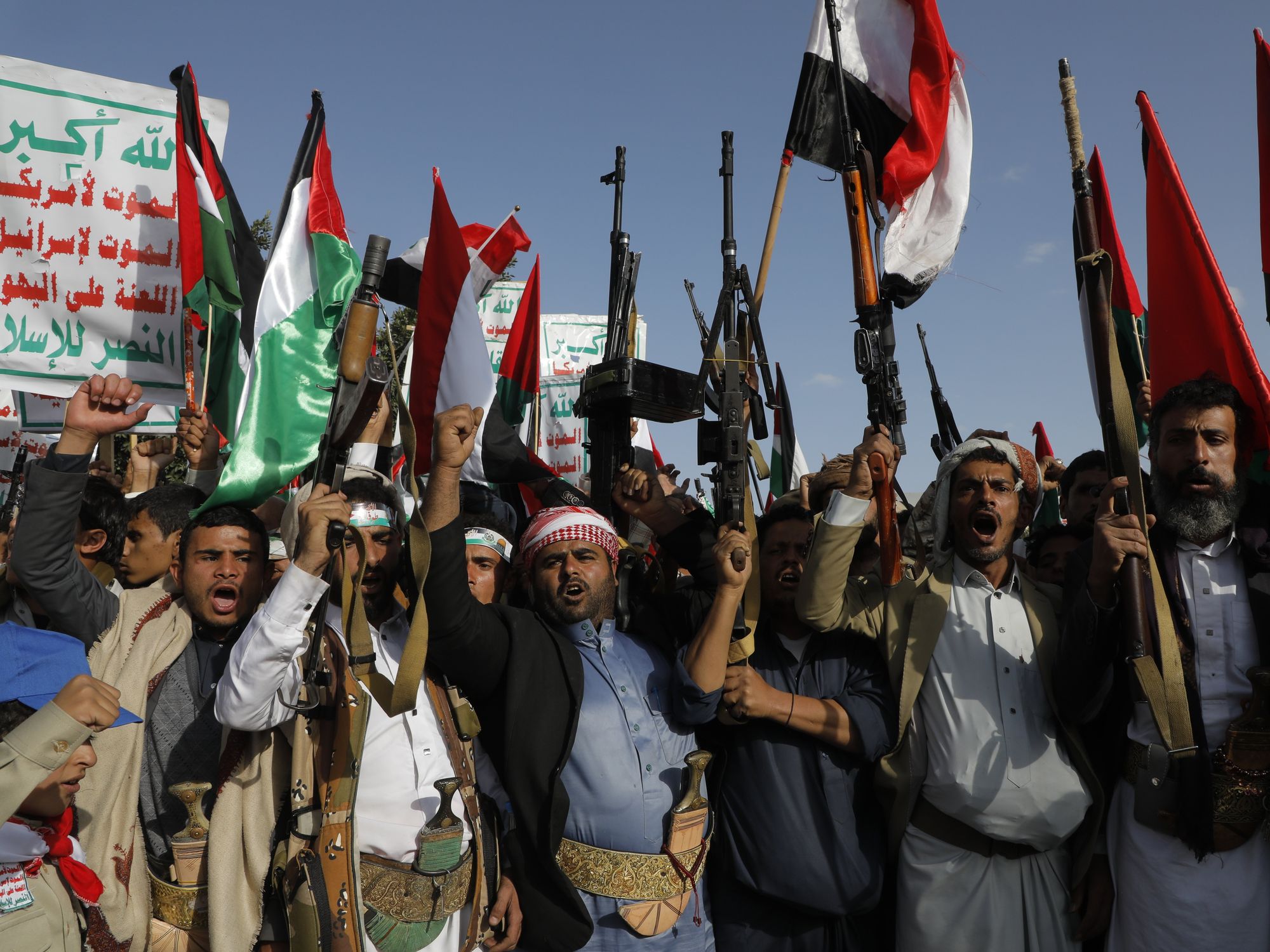 Houthi supporters in Sanaa, Yemen, gather during a rally to show support to Palestinian people in Gaza on October 18, 2023.