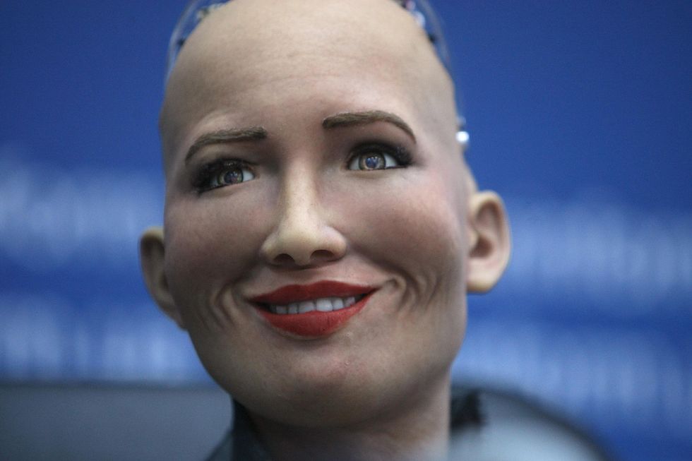 Humanoid robot Sophia attending a news conference in Kyiv in 2018