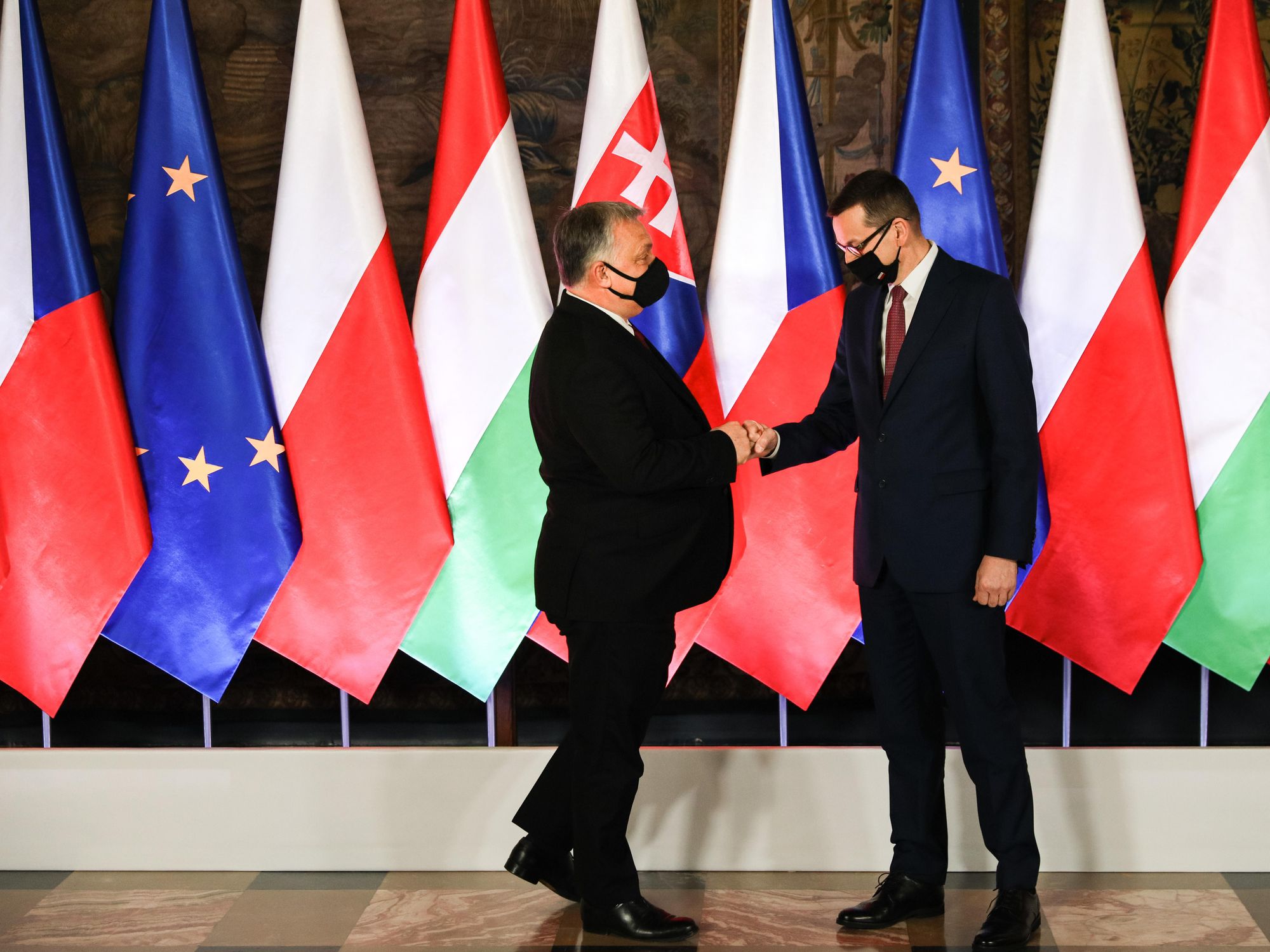 Hungarian Prime Minister Victor Orban and Polish Prime Minister Mateusz Morawiecki during the V4 Summit in Cracow, Poland