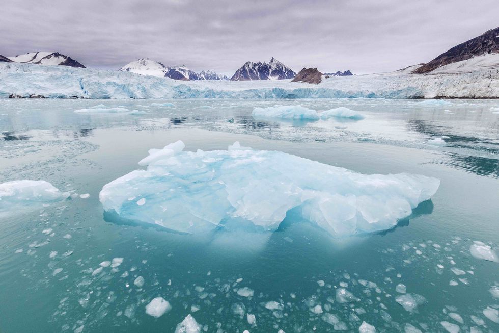 Icy tundra with mountains can be seen in the backgorund, but in the foreground is a body of water with melted ice and in the focus of the photo is a large piec