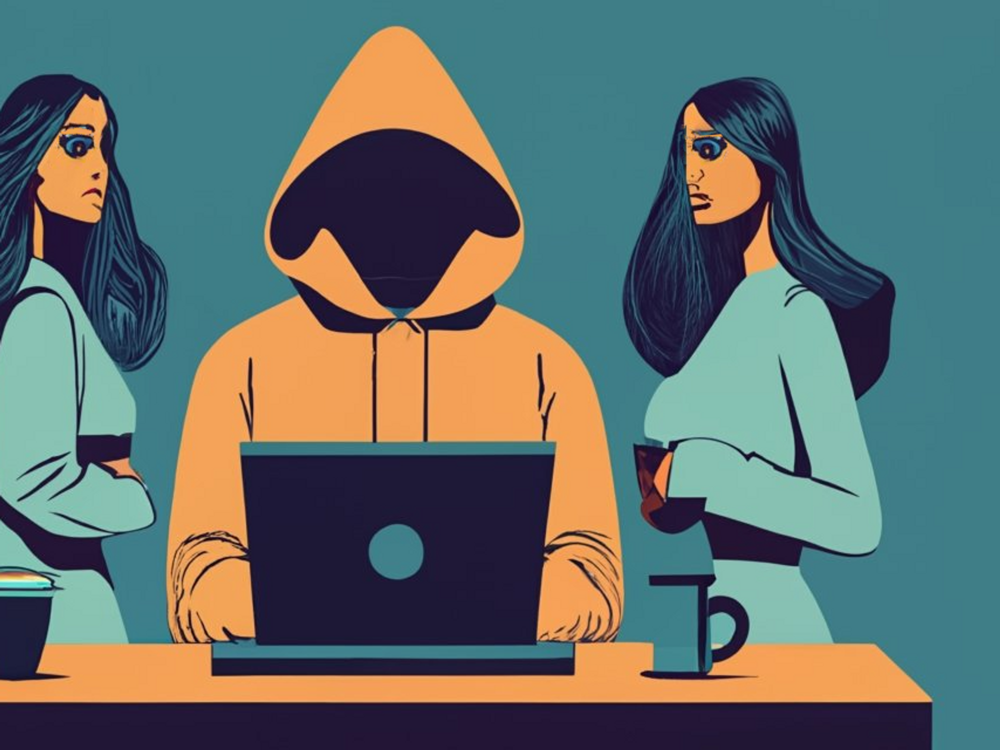 Illustration of a man wearing a hoodie looking at a laptop, with two women watching over his shoulder.