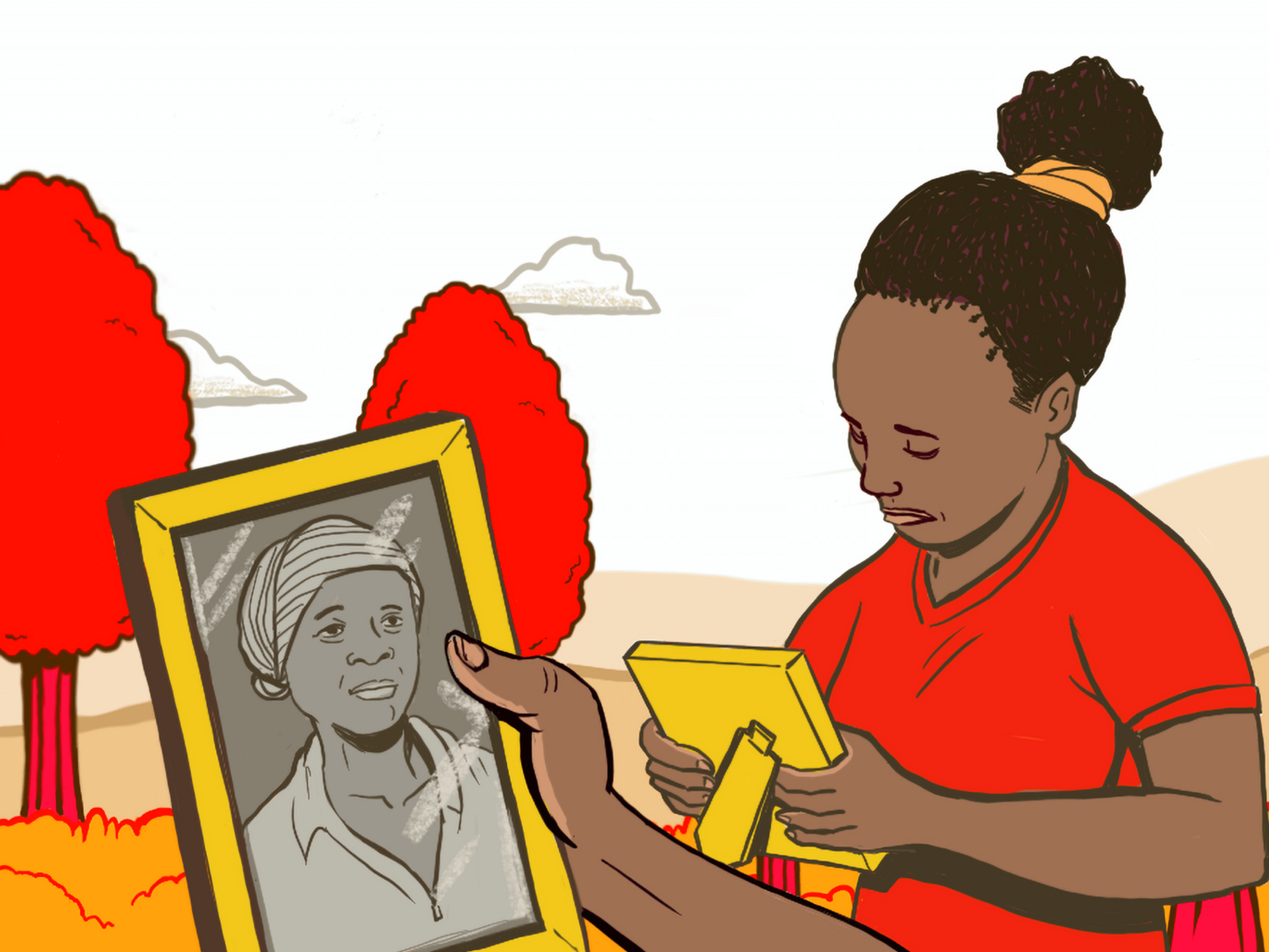 illustration of a woman in nature contemplating a framed picture of an older woman
